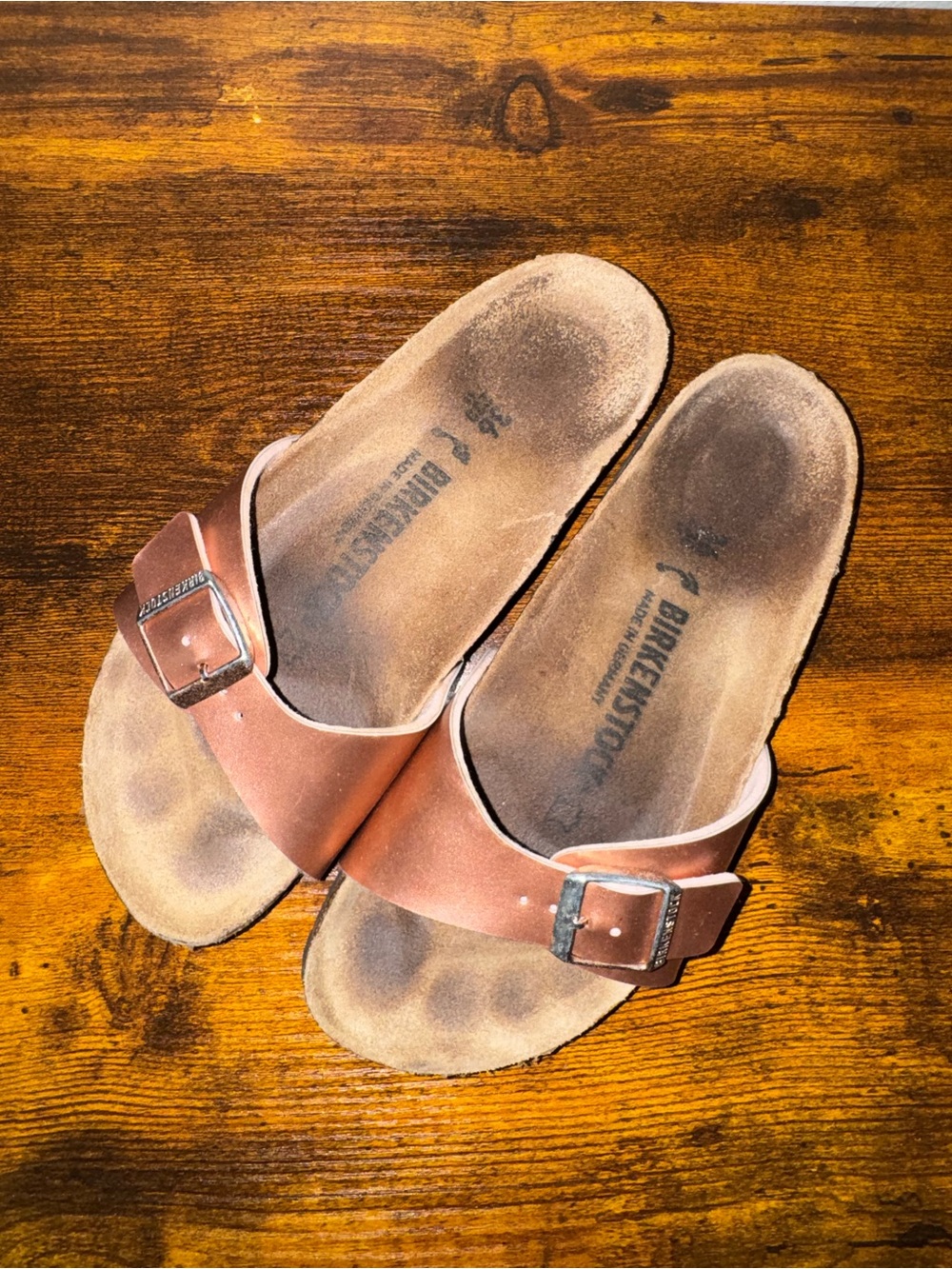 Birkenstock Madrid Big Buckle Washed Metallic Rose Gold Sandals